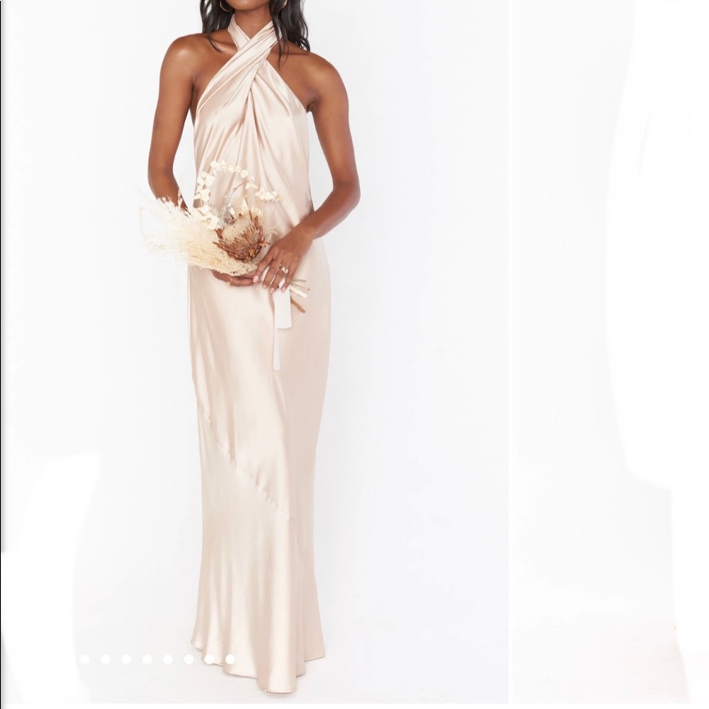 NWT-Show Me Your Mumu-Jasmine Halter Maxi Dress in Champagne Luxe Satin-Size:XXS